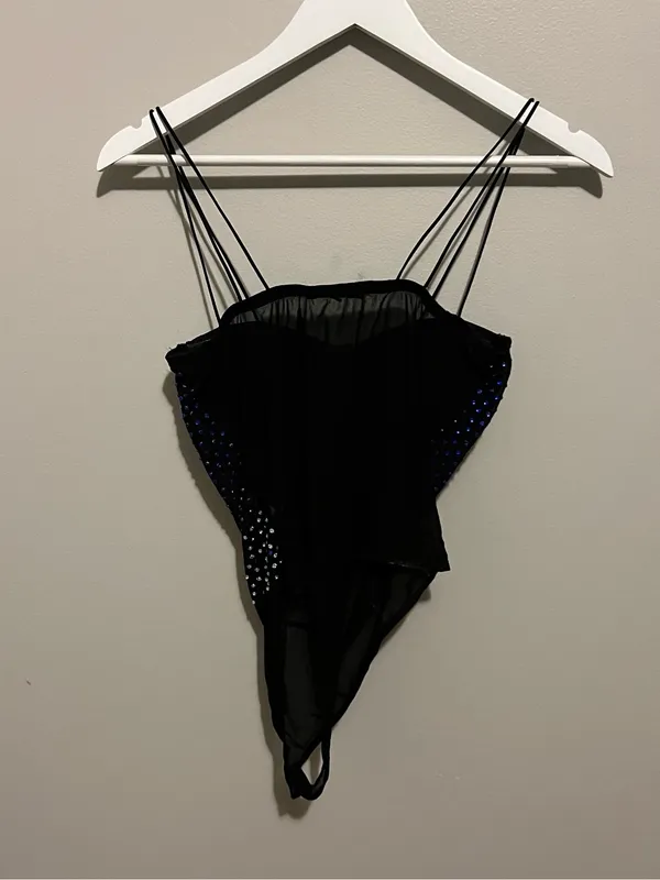 Haute Monde Black Solid Semi-Transparent Sheer Rhinestone Bodysuit One Piece M - Image 3