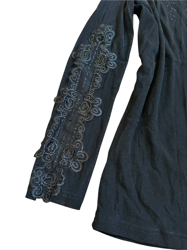 Black High Neck Long Sleeve Top Embroidered Rhinestones Gothic Romantic Witchy - Image 4