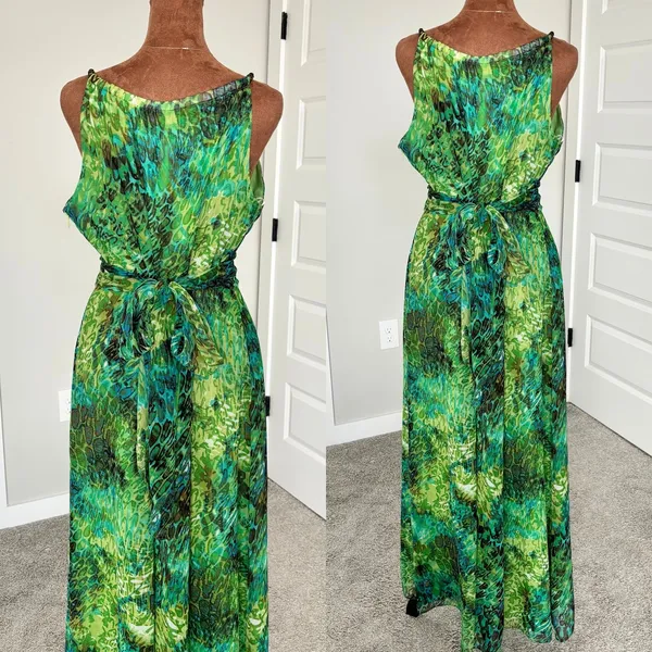 90s Vintage Sheri Martin‎ New York Green Tropical Print Chiffon Maxi Dress 10 - Image 4
