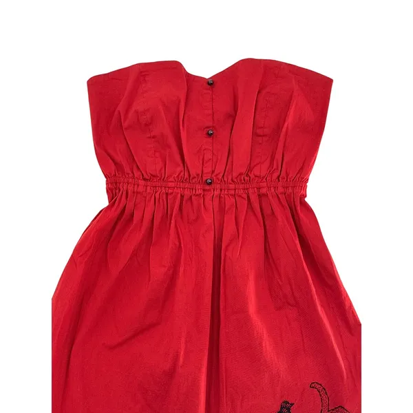 Judith March Strapless Dress Small Red Elephant Embroidery Boho Smocked Back‎ - Image 5