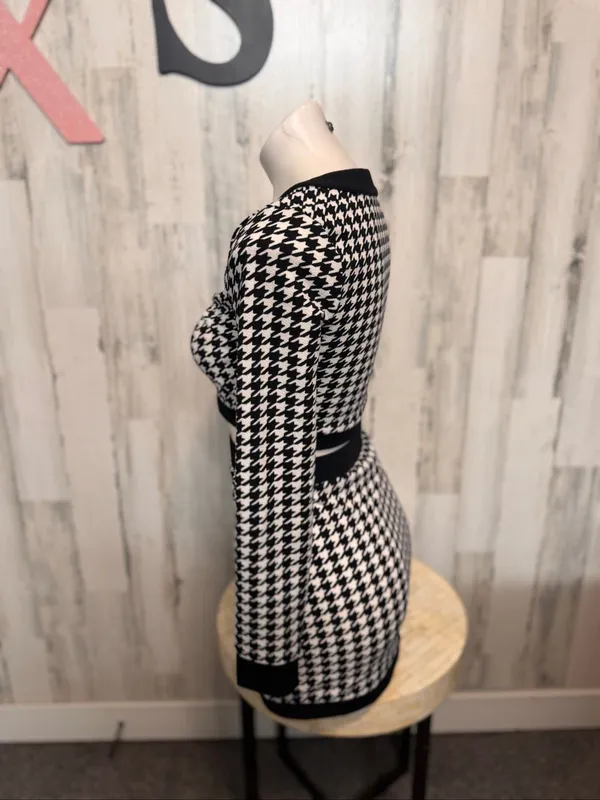SHEIN Two Piece Set Womens Extra Small Houndstooth Crop Cardigan Skirt Black Whi - Image 6