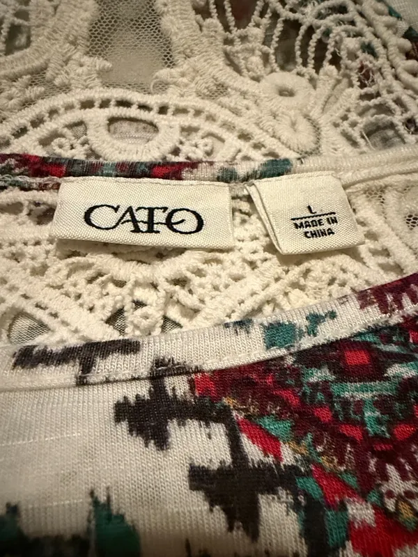 Cato White Short Sleeve Top with Teal and Burgundy Geo Print Crochet Detail Back - Image 3