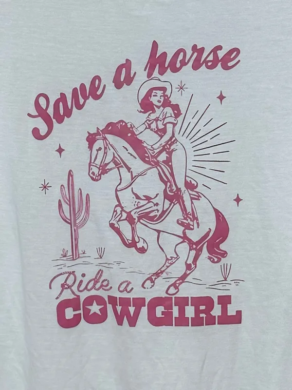 Save a Horse, Ride a Cowgirl Graphic Tee L 22” p2p White NWOT - Image 4