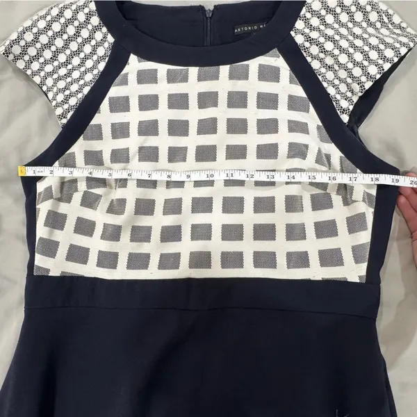 Antonio Melani Navy Blue White Geometric Grid Lace Cap Sleeve A-Line Dress 14‎ - Image 4