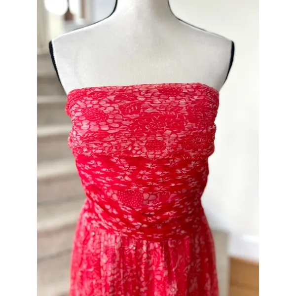 NWT WDNY Silk Hot Pink Ruched Floral Strapless Sequin Midi Tea Dress - Image 2