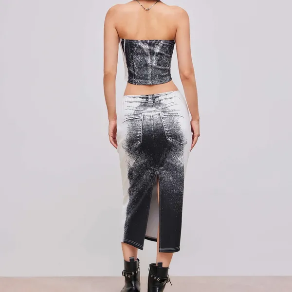 Cider | Black & White Tube Abstract Crop Top & Mid Rise Two-Piece Midi Skirt Set - Image 2