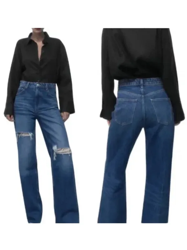 ZARA Wide Leg Distressed Jeans Size 2 dark wash - Image 3