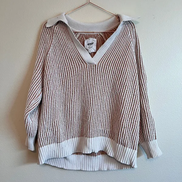 Aerie Sweater Women XS Tan Cream Striped V-Neck Collared Ribbed Oversized - Image 3