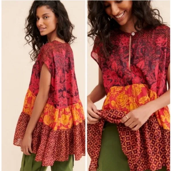 Free People Boho Red Warm Tones "Gotta Have‎ You" Tiered Tunic Blouse Size XS - Image 12