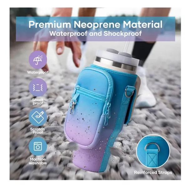 Water Bottle Carrier w/ Phone Pocket Insulated Neoprene Holder Crossbody Strap - Image 9