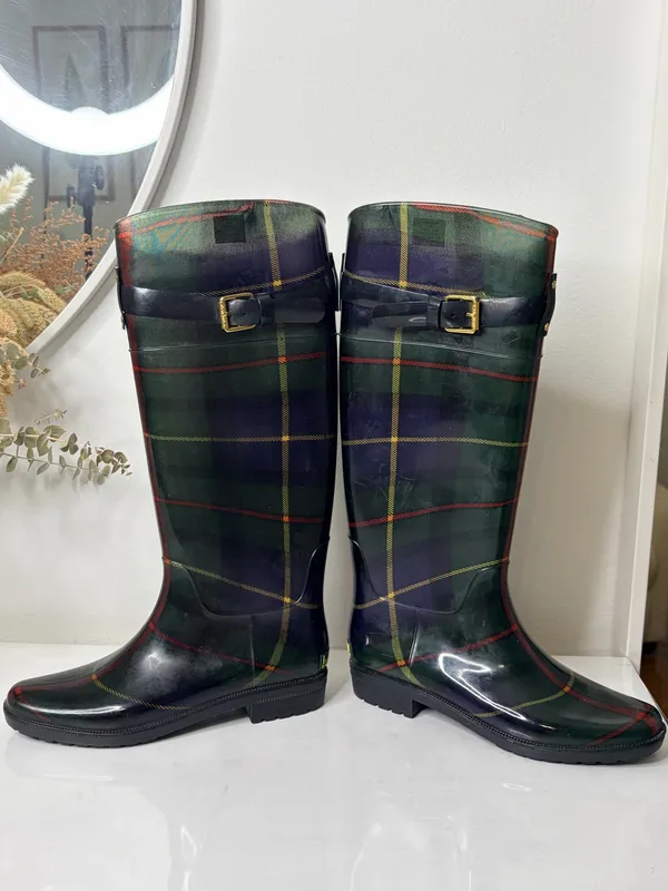 Lauren Ralph Lauren Plaid Tall Rain Boots Womens Sz 8 B Equestrian Preppy Riding - Image 7