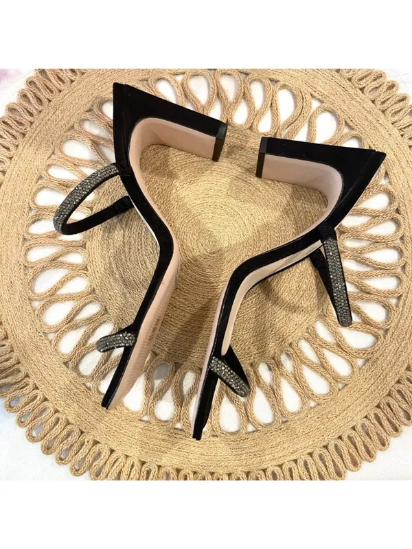 SCHUTZ Salwa Rhinestone Square Toe Heels Black Suede Block Size 7.5 - Image 5