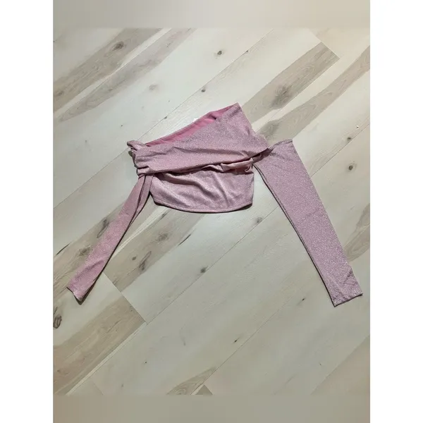 Naked Wardrobe NEW Women XL Pink Shimmer Asymmetrical Y2K Barbie Glam Crop Top - Image 3