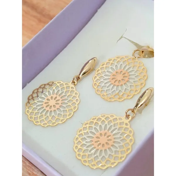 Golden Time 18K Gold Plated Tri-Color Mandala Flower of Life Earrings & Pendant - Image 2