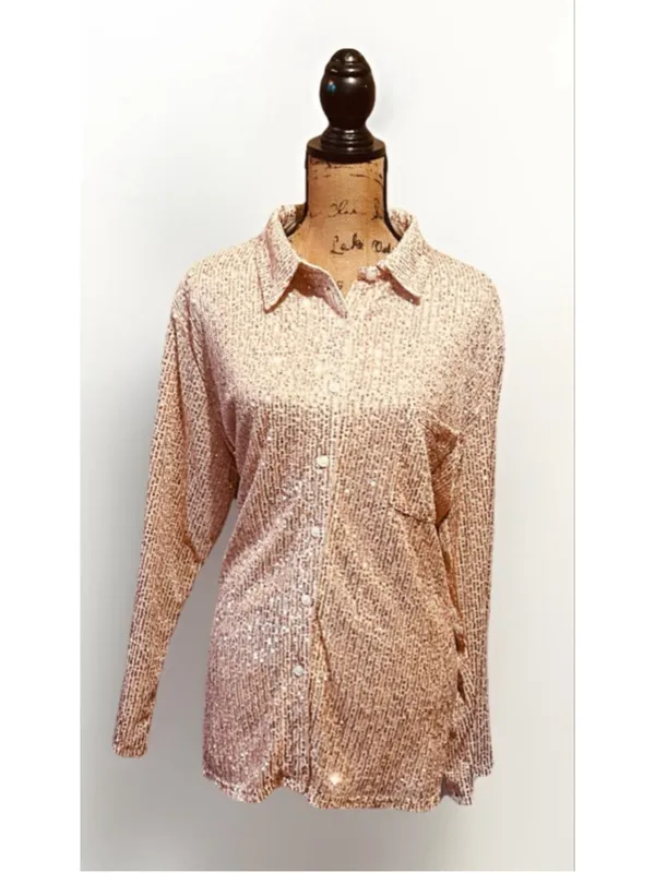 Women’s Boutique The Strawberry Finch XL Rose Gold Shimmer Sequin Shacket - Image 2