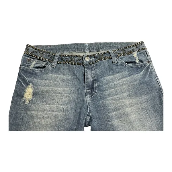 7 For All Mankind Flare Sz 28 Blue Studded Waist Distressed dark Havana jeans - Image 5