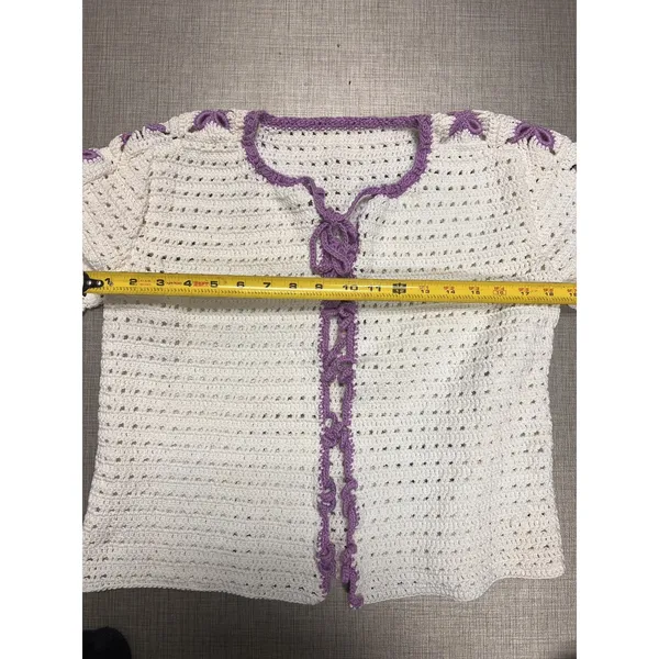 Handmade Crochet Cardigan Womens Medium Cream Purple‎ Bows Tie Front Long Slv - Image 6