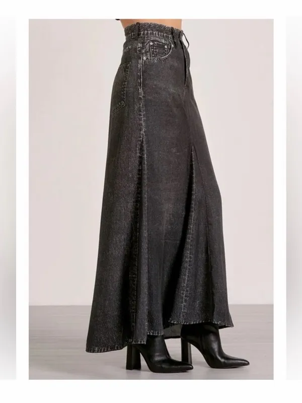 Elan Jessa Black Faux Denim Acid Wash Look Tencel Maxi Skirt Medium Gray Boho - Image 2