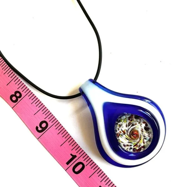 Handmade Murano Inspired Blown Glass Blue and White Teardrop pendant necklace on - Image 3