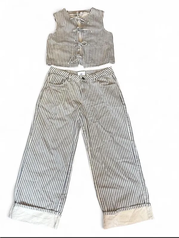 Daisy Street Striped Two-Piece denim Set - blue & White - Image 3