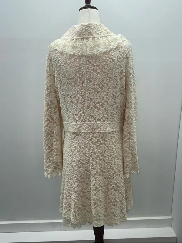 SassyBling Womens Medium Cream Floral Lace Duster Pea Coat Ruffle Coquette - Image 3