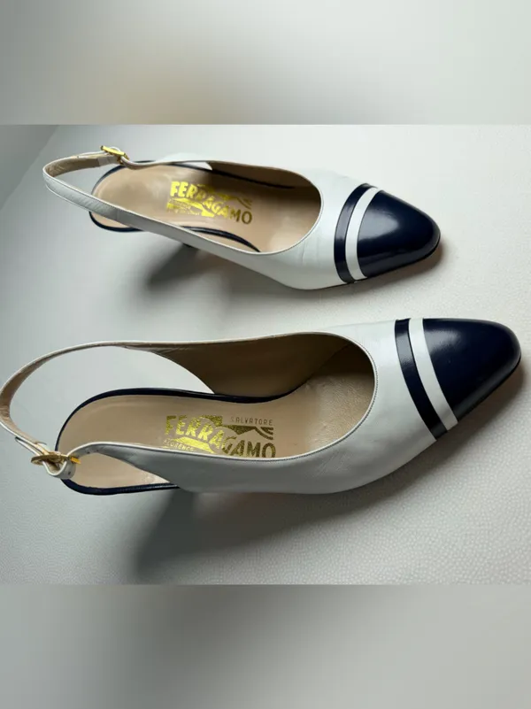 Salvatore Ferragamo Slingback Heels 8B White Navy Leather Italy Vintage 1980’s - Image 10