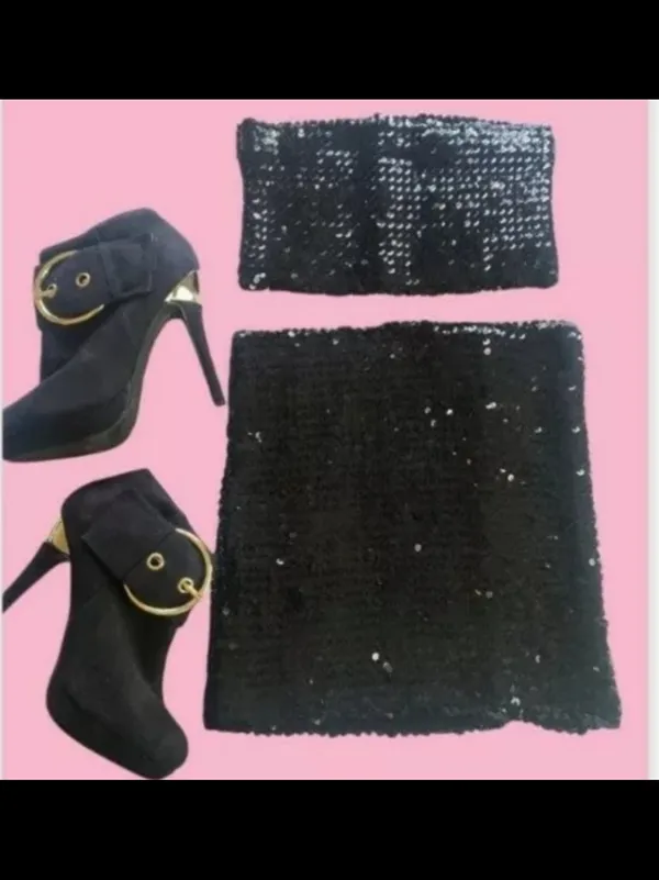 Vintage 90’s black Sequin stretch mini skirt and tube top - Image 2
