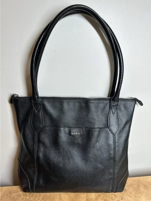 Lodis Black Pebbled Leather Tote Bag Shoulder Purse Floral Lining Work Travel - Image 2