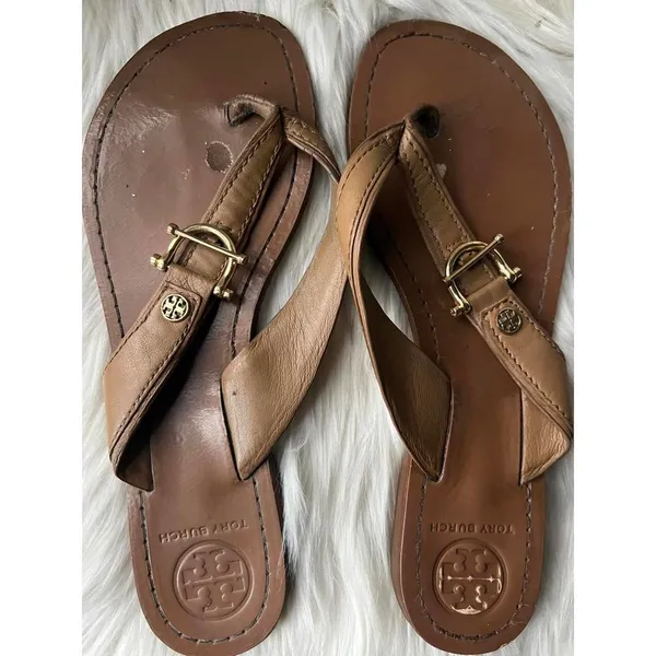 Tory Burch Tan Leather Flip Flops with Buckle size 8 - Image 3