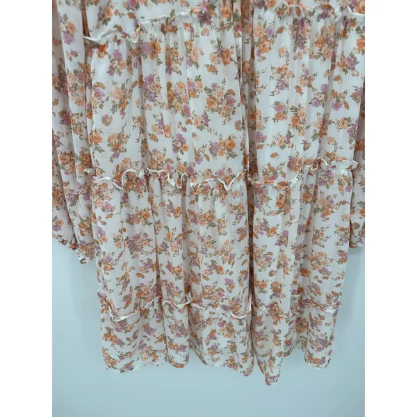 Orange Pink Microfloral Long Sleeve Boho Peasant Mini Dress Ruffle‎ Summer Sz M - Image 3