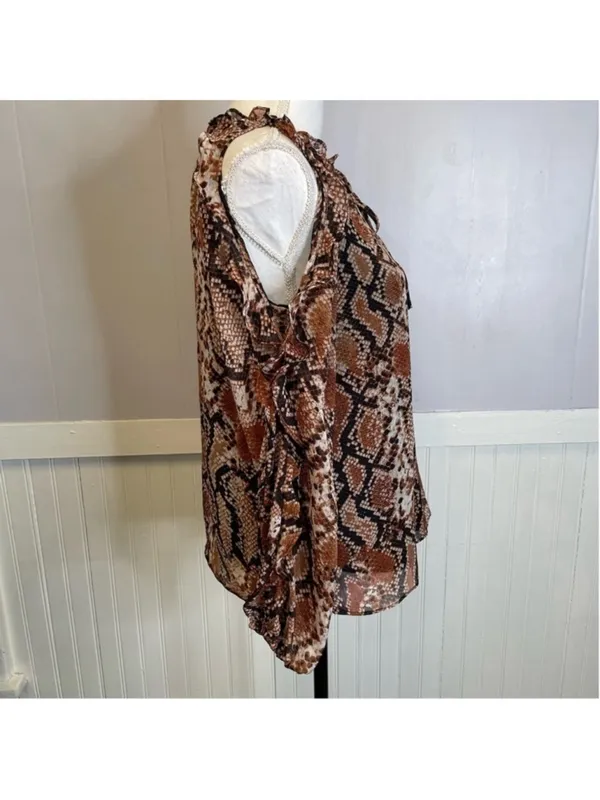 Snake Print Cold Shoulder Ruffle Blouse XS Tie Neck - Image 8