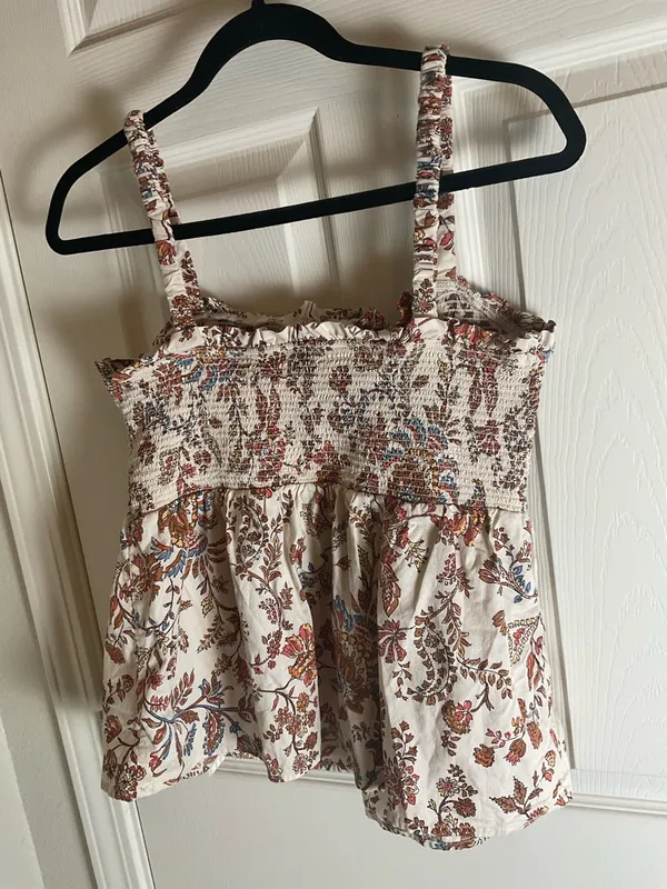 Old Navy Floral Smocked Peplum Cami Top Boho Cottagecore Cream Rust L - Image 5