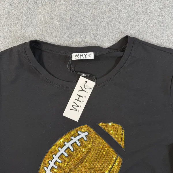WHY DRESS Women's Large Black Sequin Football T-Shirt Crew Neck Short Sleeve Top - Image 4