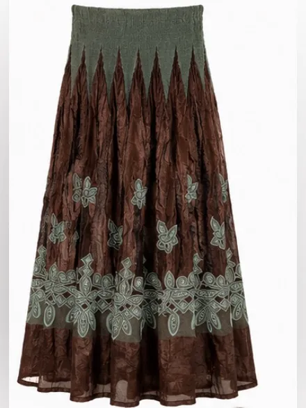 Strapless Green and Brown Embroidered Midi Dress/ Skirt - Image 3