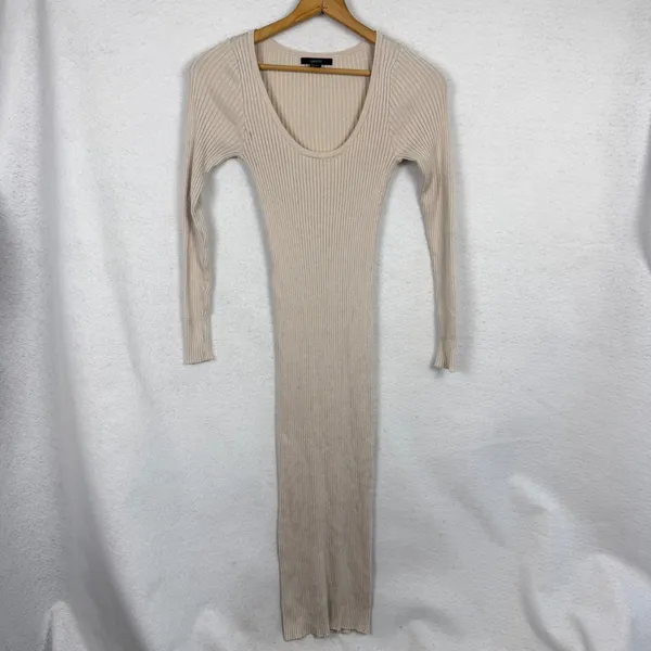 Maxi Bodycon Dress Womens Small Ribbed Knit Long Sleeve Scoop Neck Beige Tan - Image 4