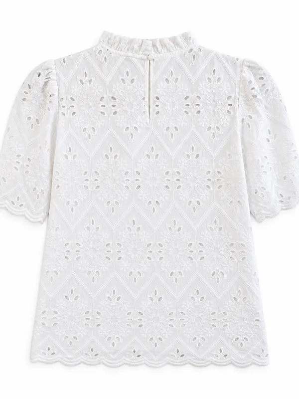 PrettyGarden Womens Small White Eyelet Embroidered Puff Sleeve Ruffle Top - Image 5