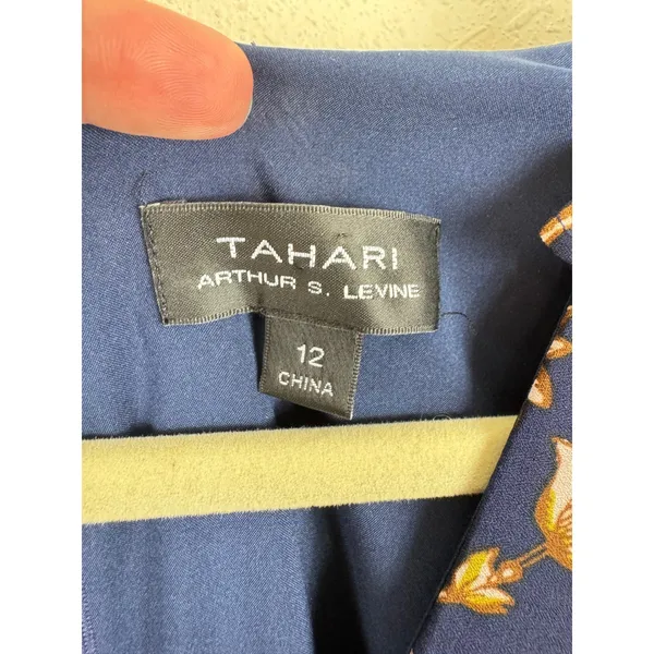 Tahari Arthur S Levine Navy Blue Paisley Faux‎ Wrap Midi Dress Ruffle Cuff 12 - Image 5