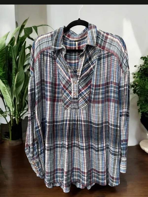 Free People Rain is Days Plaid Buttondown Shirt Size Large - Image 4