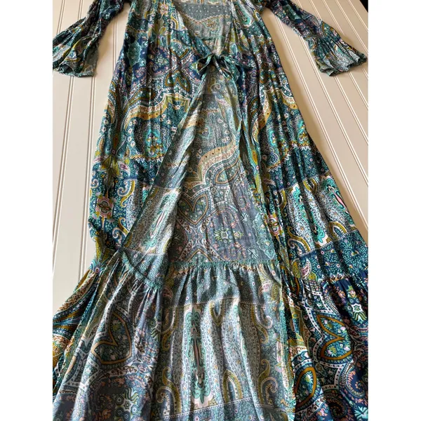 R.Vivimos Paisley Maxi Dress Cardigan Tie Front Bell Sleeve Duster Teal S - Image 4