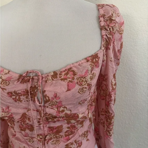 Free People Floral Crop Top M Pink Combo Smocked Puff Sleeve OB1569574 - Image 6