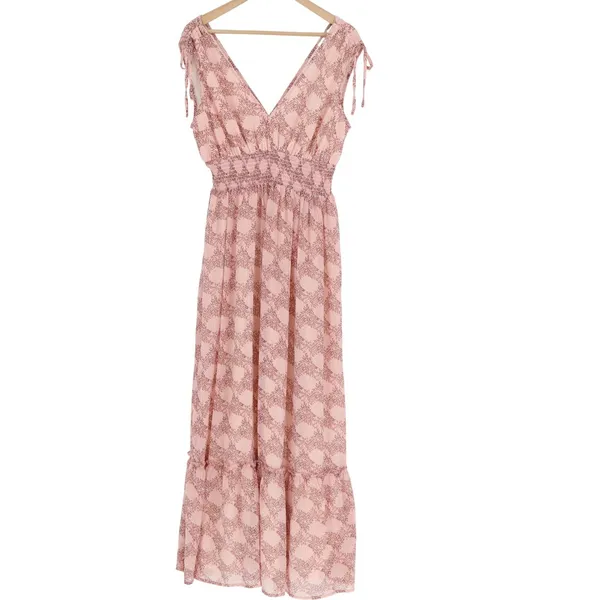 Lush Pink Floral Medallion V-Neck Smocked Waist Tie Shoulder Maxi Dress Large - Image 2