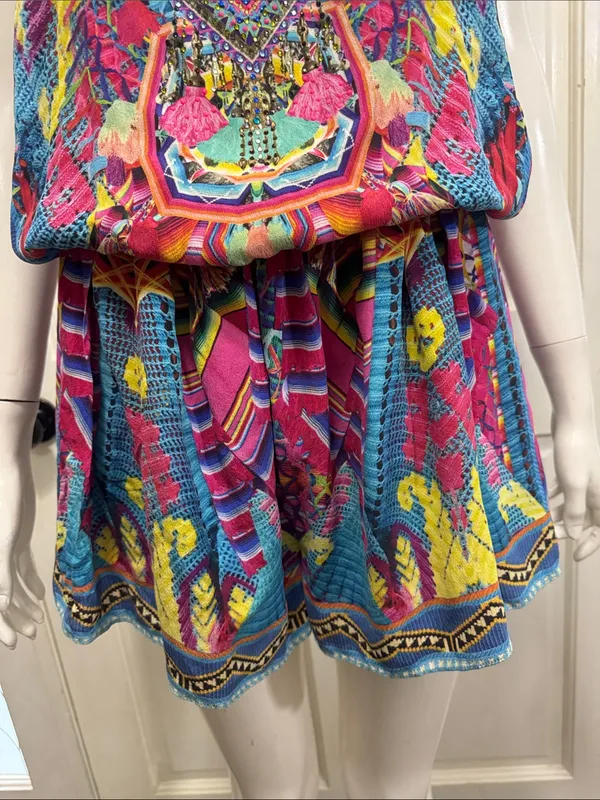 Camilla Pastel Floral Ikat Embroidered Top in Pink, Blue, Purple Size Medium - Image 5