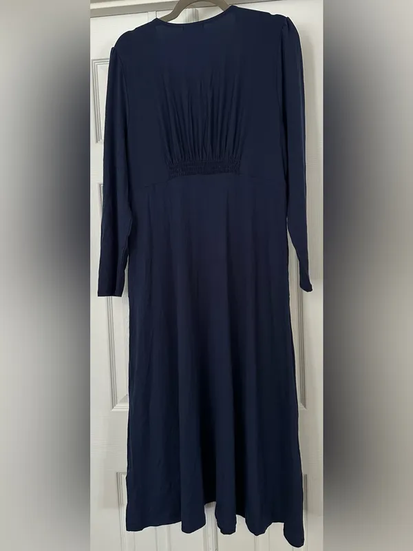 Quince Tencel Jersey V-Neck Long Sleeve Midi Dress navy blue size large - Image 3