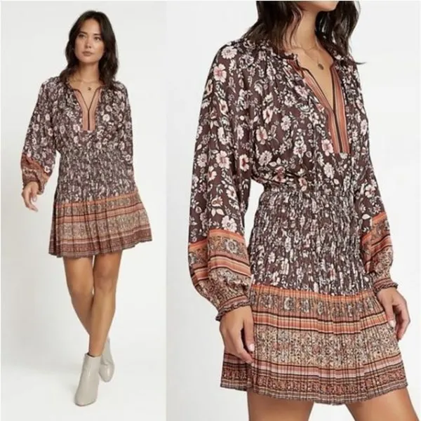 Anthropologie Current Air Alyce Brown Floral Mini Dress - Image 2