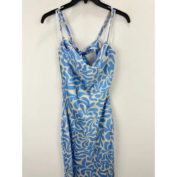 Lulus Midiana Light Blue Abstract Floral Tie Back Midi Dress Party Satin XS NWT - Image 13