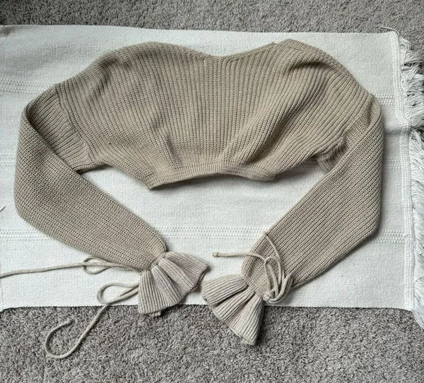 Tan Knit Puff Ruffle Sleeve Bow Tie Cropped Long Sleeve Sweater Top - Image 6