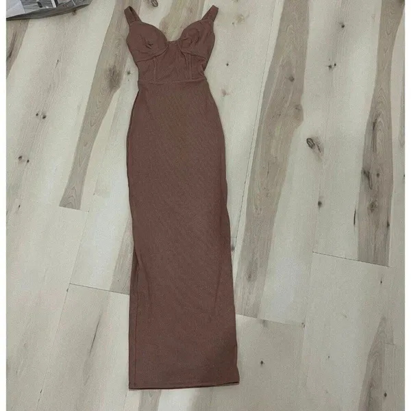 Naked Wardrobe NEW Women XS Brown Faux Bustier Ribbed Hourglass Bodycon Dress - Image 3