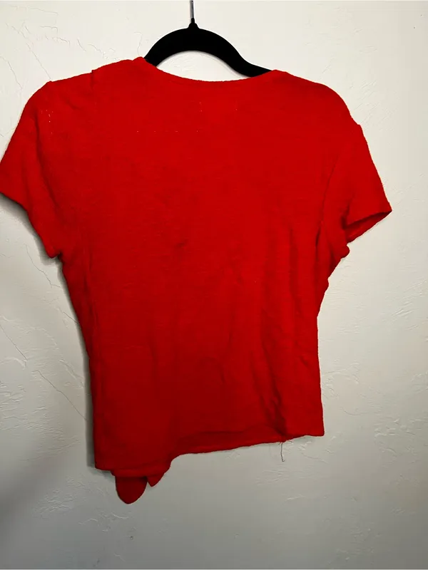 Madewell Poppy Red Textured Faux Wrap Tie V-Neck Short Sleeve Top - Image 5