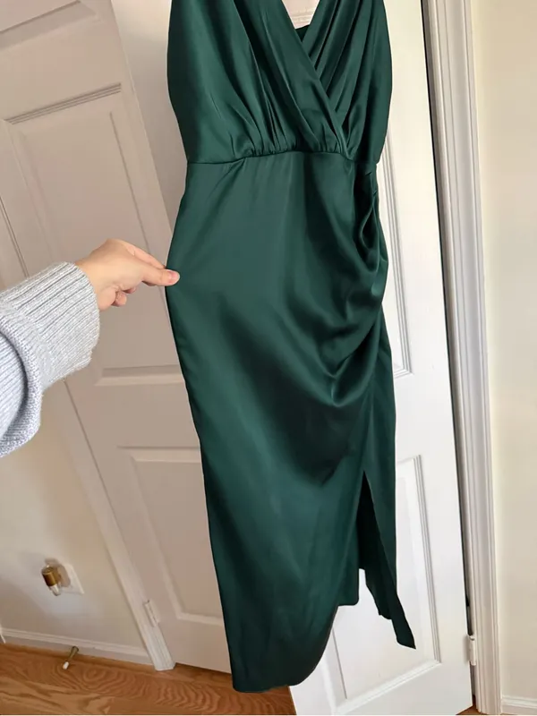 NWT Abercrombie & Fitch Satin Draped Wrap Midi Dress Emerald Green Small Petite - Image 7