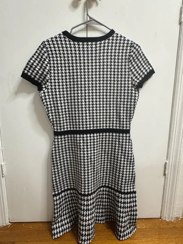 Karl Lagerfeld Black & White Houndstooth Knit Fit-and-Flare Dress - Image 3